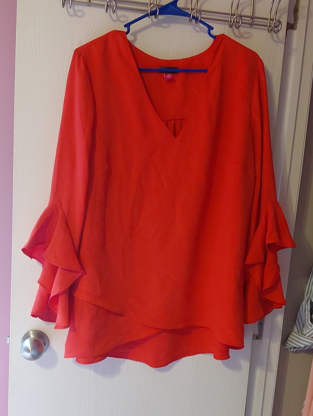 Vince Camuto Vibrant Red V-Neck Ruffle Sleeve Blouse